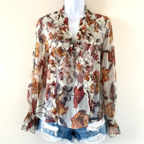 Zara Women’s Blouse Fall Leaf Ruffle Long Sleeve Peasant Flutter Sleeve Sheer M - Picture 7 of 16